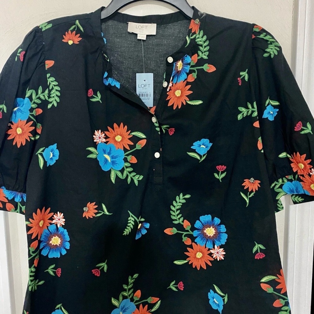 LOFT Black Top with Blue and Orange Floral Design